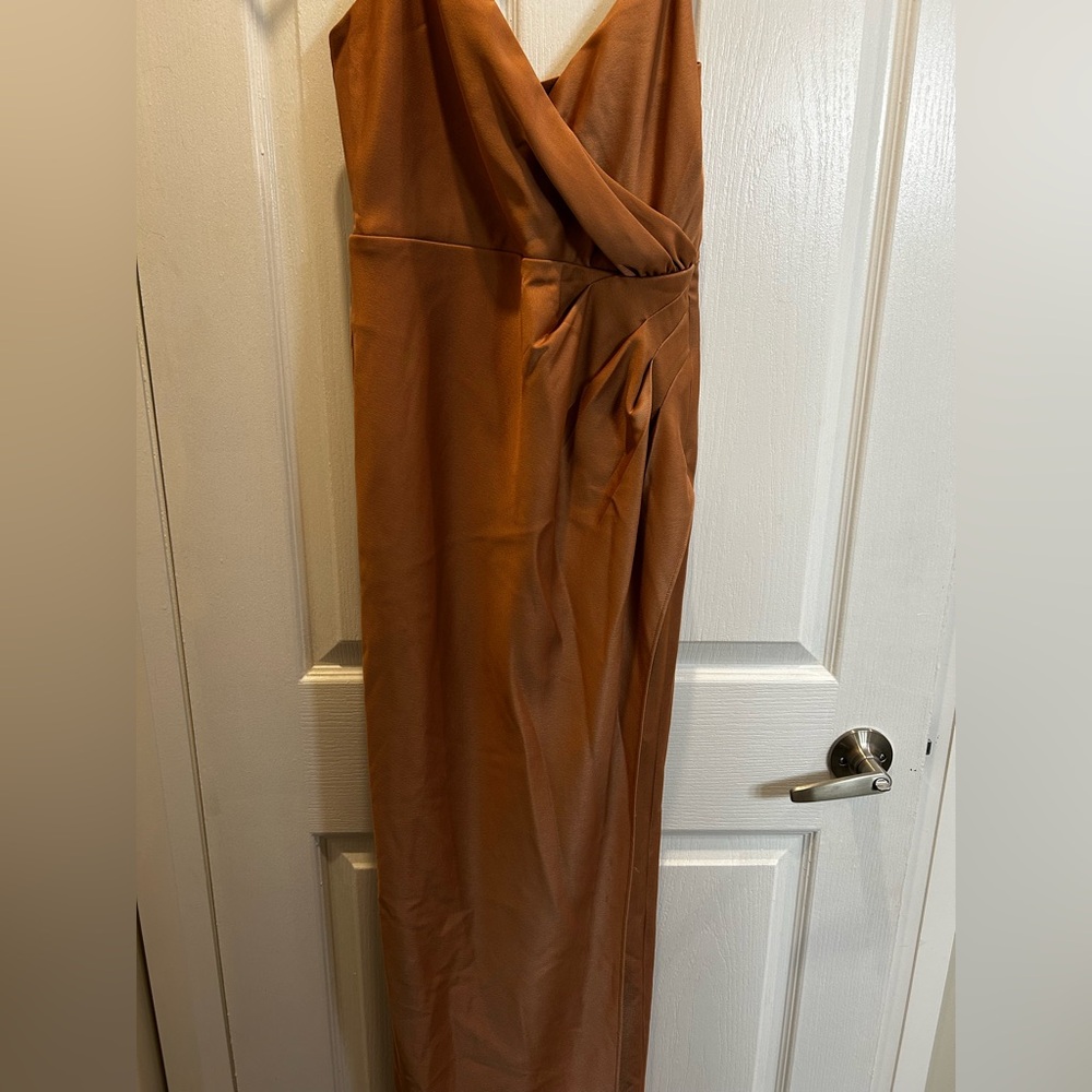 BHLDN Rust Asymmetrical Ruched Maxi Dress